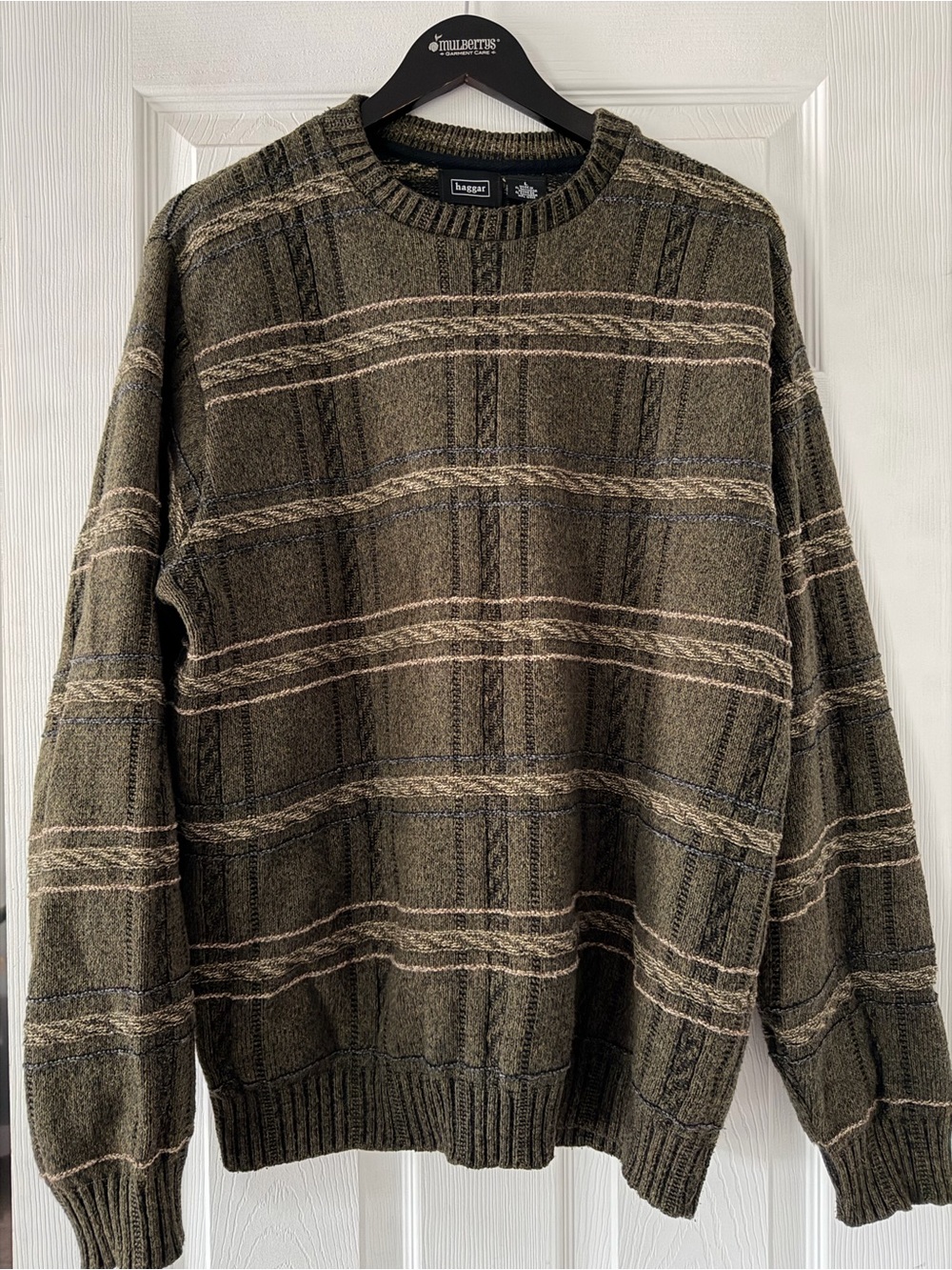 90’s Vintage Grandpa Green & Tan Striped Patterned Men’s Crewneck Sweater, Large